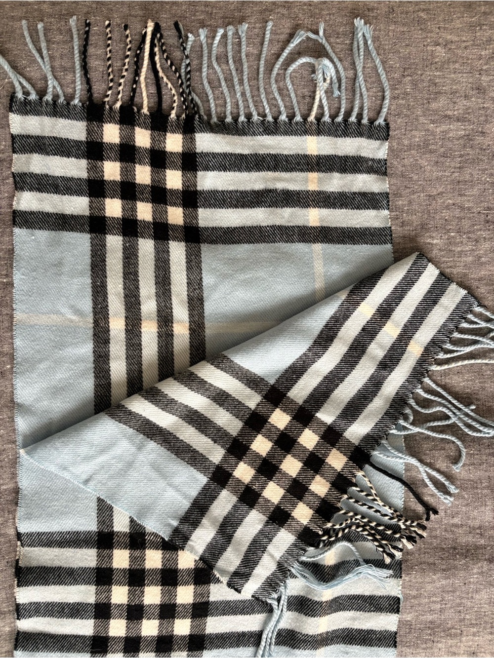 Light Blue Plaid Cashmere Scarf with Fringe - Picture 4 of 8